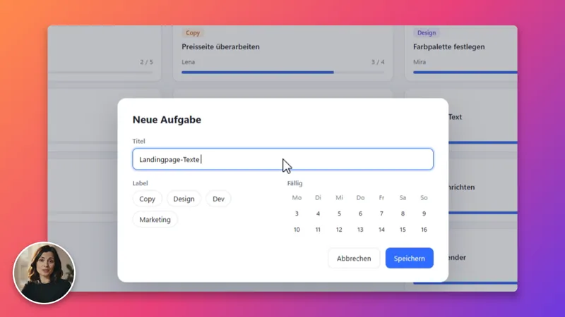 Derselbe Moment, von Glidewright gerendert: auf den Dialog „Neue Aufgabe“ gezoomt, der Titel wird getippt, auf einem Verlaufshintergrund