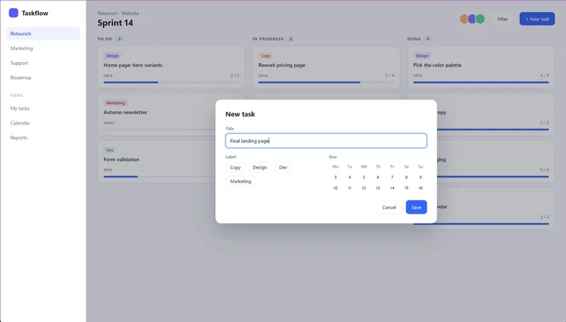 Raw screen recording of a task app: a small dialog in the middle of a large window