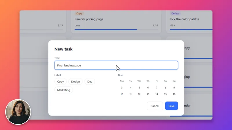 The same moment rendered by Glidewright: zoomed in on the dialog “New task”, the title being typed, on a gradient background