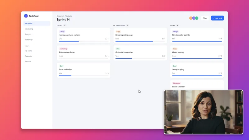 Glidewright frame with the webcam as a rounded rectangle in the bottom right corner